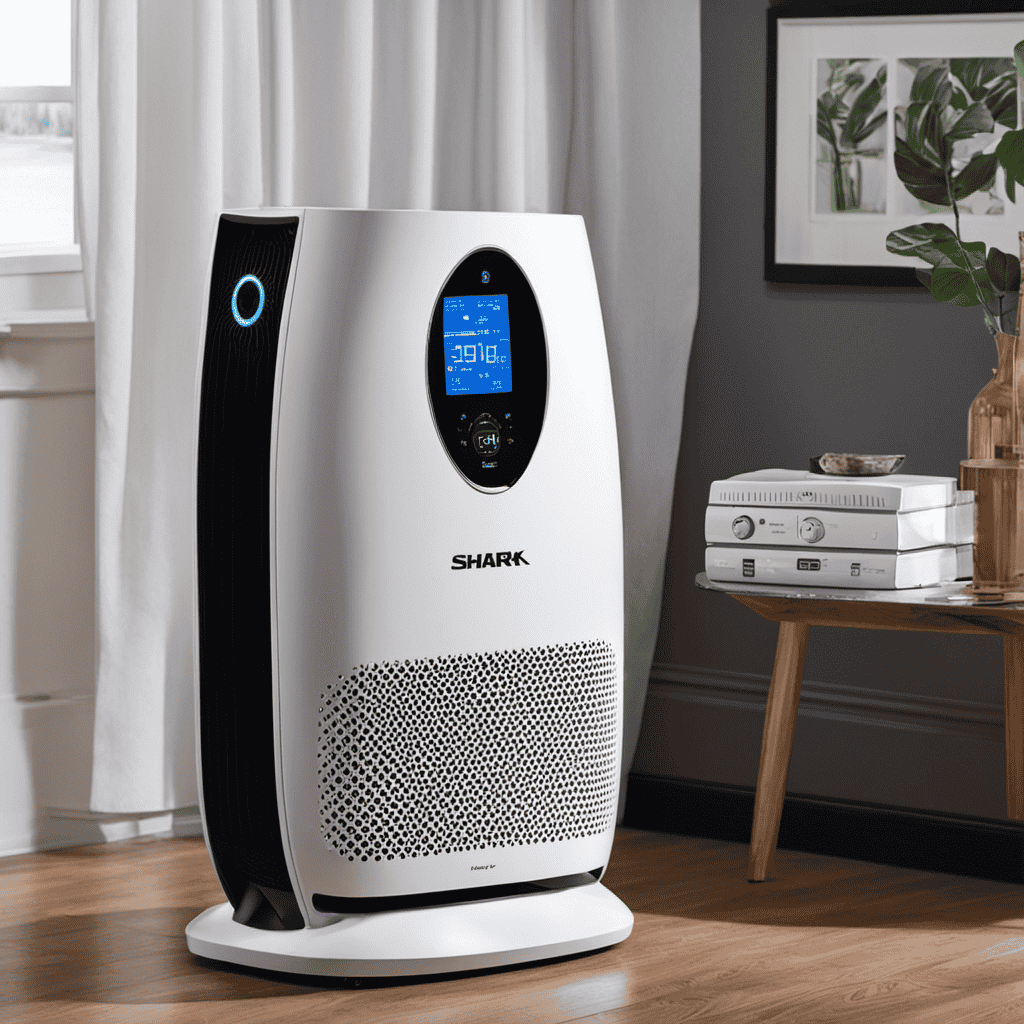 An image of a Shark air purifier with its display screen prominently showing a constant number '100'