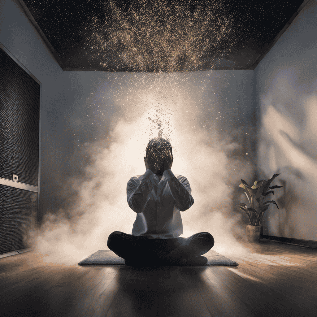 An image capturing a person sitting in a room with an air purifier on one side, holding their head in discomfort, surrounded by floating particles, with a visibly irritated expression