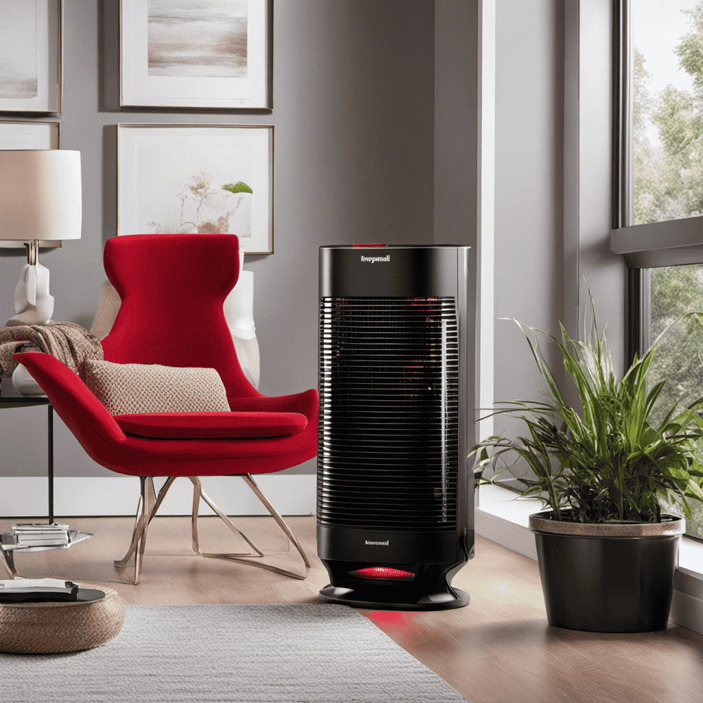 An image that showcases a Honeywell air purifier with a vivid red light illuminated on its sleek control panel, contrasting against a clean and purified atmosphere in the background