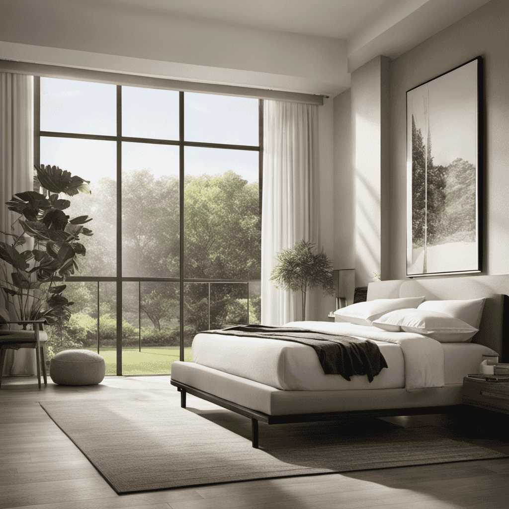 An image showcasing a serene bedroom with an air purifier placed near a window, capturing the soft morning light filtering through pure, clean air