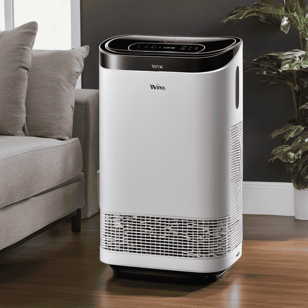 An image showcasing a Winix air purifier with a clogged filter, depicting a layer of dust and debris obstructing the air flow