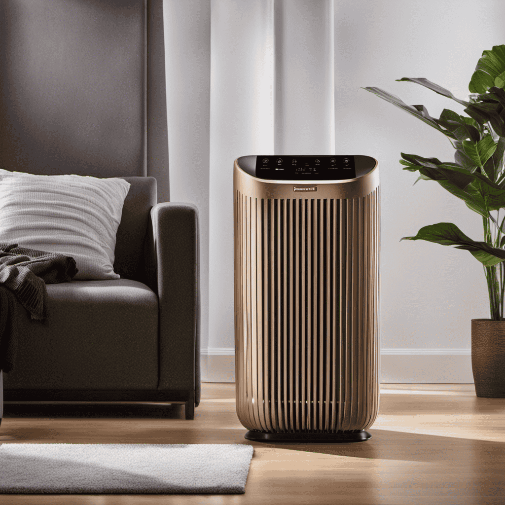 An image of a Honeywell air purifier emitting a faint, hazy smoke, surrounded by a warm, dimly lit room