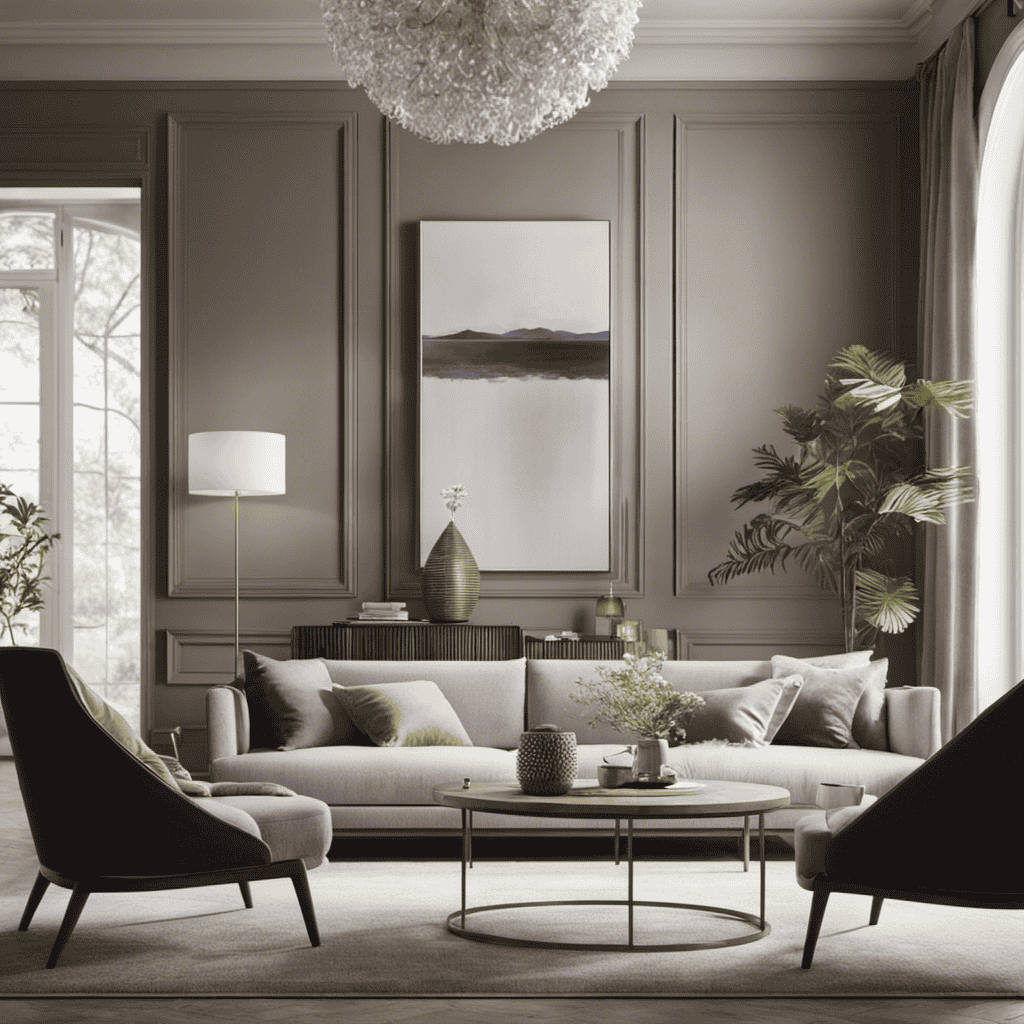 An image that portrays a serene living room with an invisible air purifier seamlessly blending into the decor
