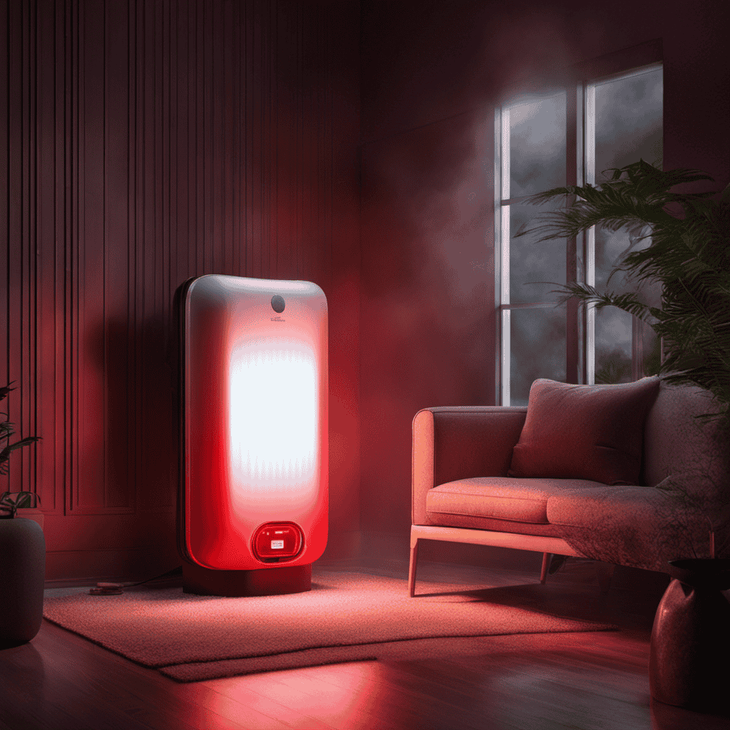 An image showcasing an air purifier emitting a vibrant red light, surrounded by a cloudy haze