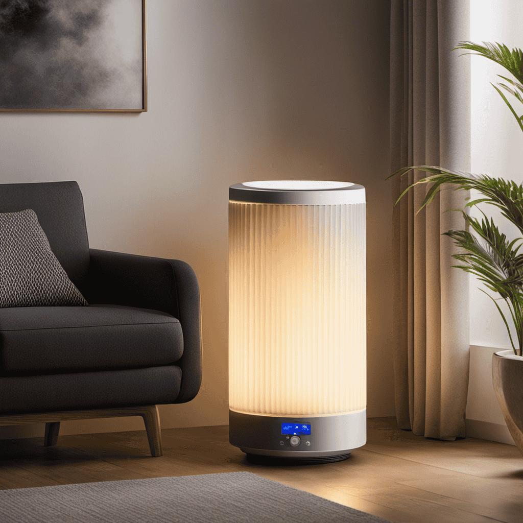 An image showcasing an air purifier with a blinking LED indicator, casting a soft, pulsating glow in a dimly lit room