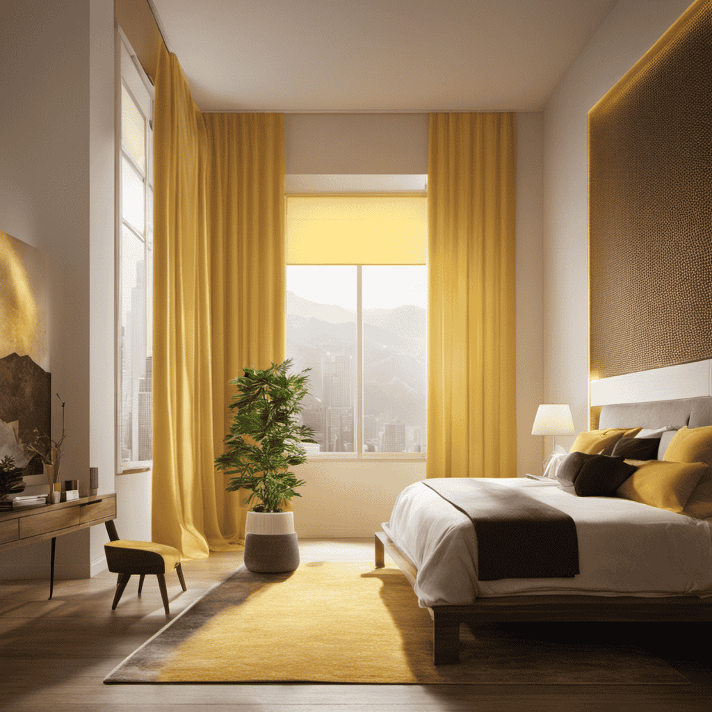 An image depicting a room with an air purifier emitting a soft, warm yellow glow