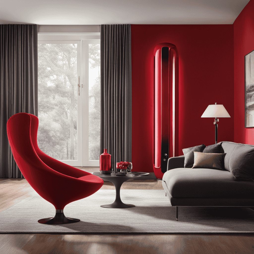 An image capturing a sleek, modern air purifier in a vibrant shade of red, standing prominently against a backdrop of a serene living room