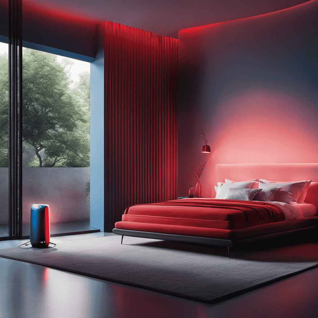 An image capturing a serene bedroom scene with a blue air purifier emitting a soft, blue light