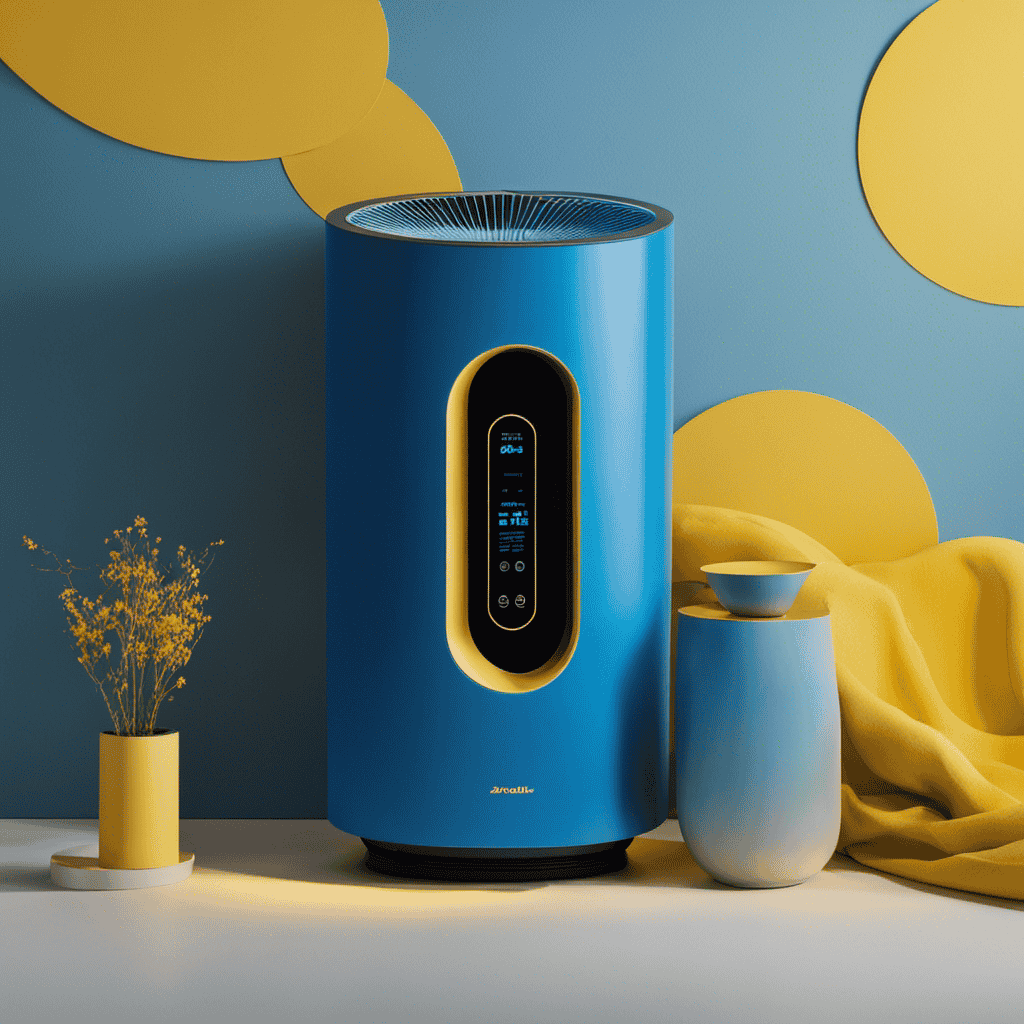 An image showcasing a blue air purifier surrounded by a hazy yellow cloud