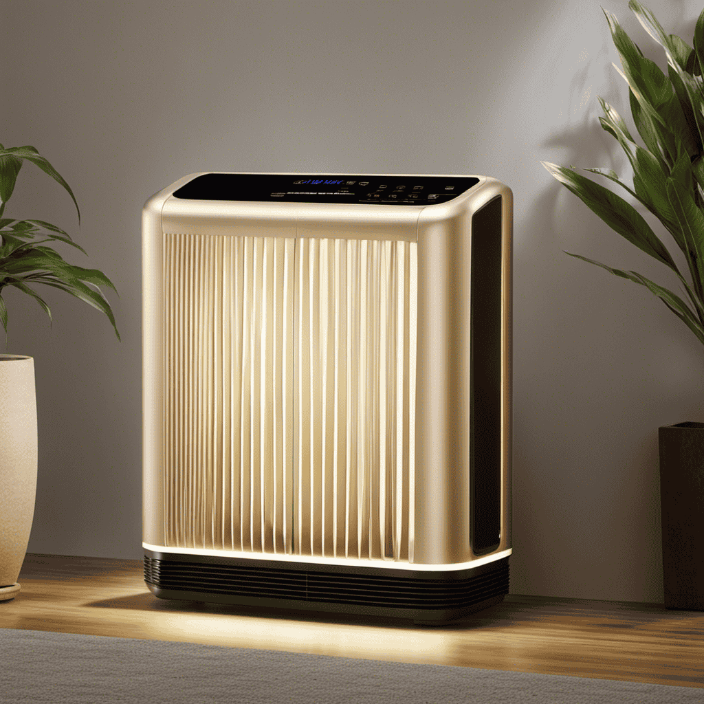 An image showcasing a Costco air purifier emitting a soft, warm glow of yellow light, illuminating a room and depicting its quality