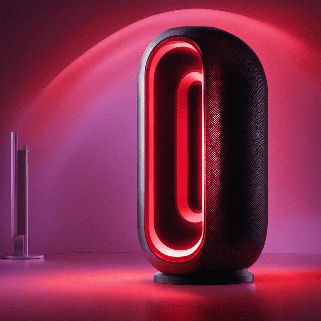 An image featuring a close-up of a Dyson air purifier with a blinking red light, casting a soft glow on the surrounding area