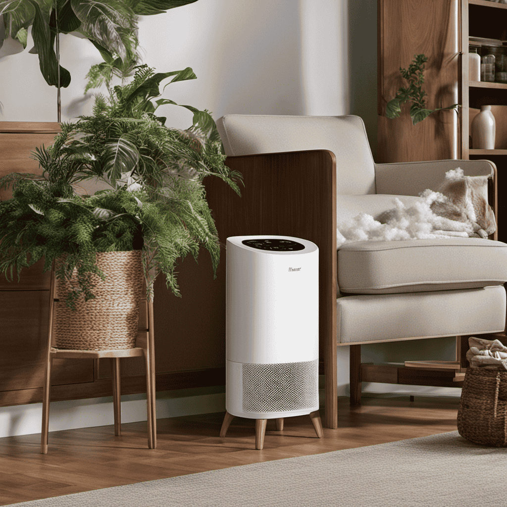 An image showcasing a Hunter Permalife Air Purifier 30793 with a visible layer of fine white dust particles settled on nearby objects like furniture, plants, and surfaces