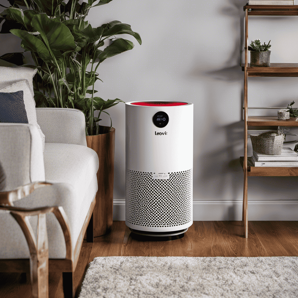 An image showcasing a close-up of a Levoit air purifier with a prominent red button illuminated, contrasting against the sleek white body