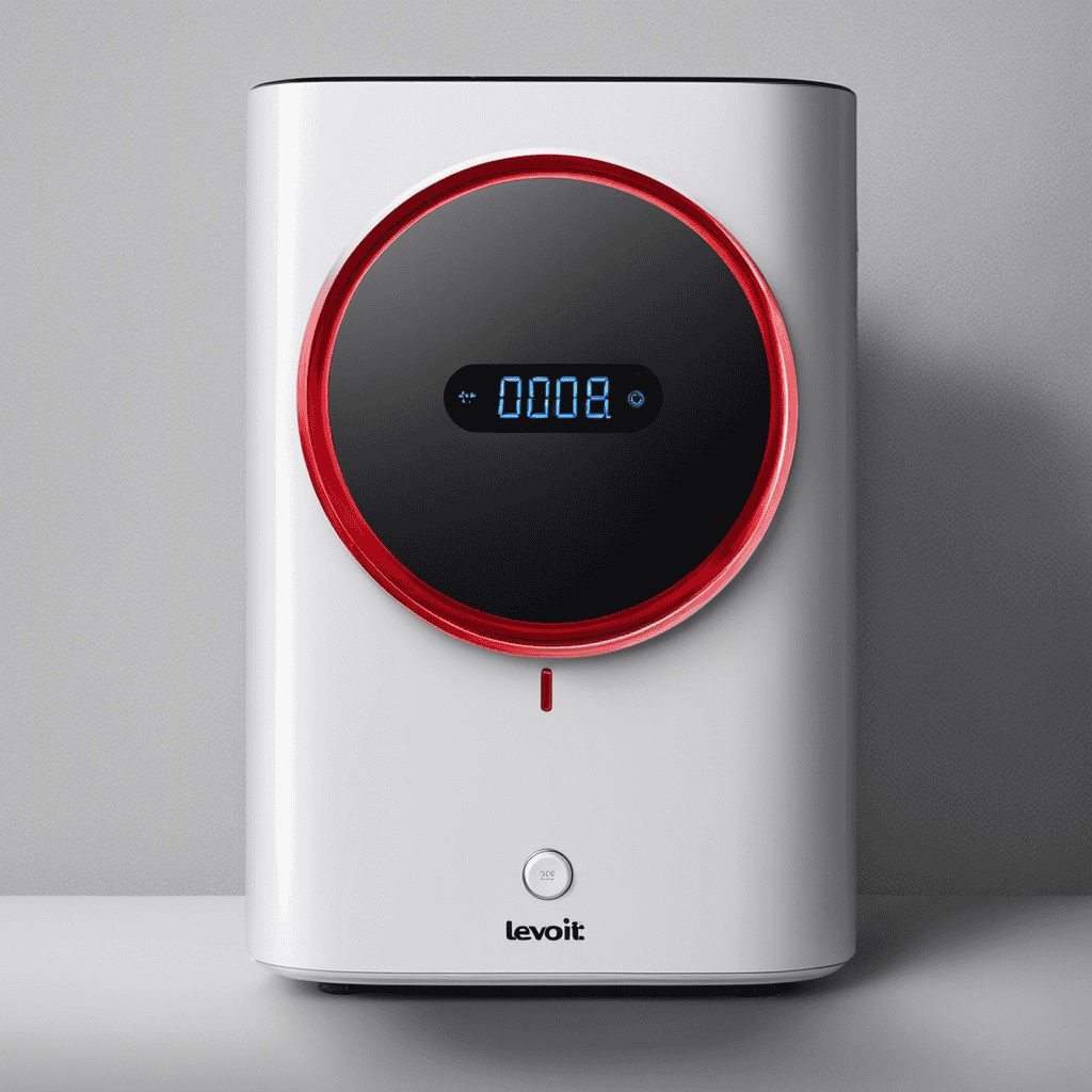 -up image of a Levoit air purifier with a red padlock icon displayed on its control panel, surrounded by frustrated facial expressions, emphasizing the perplexity of its locked state