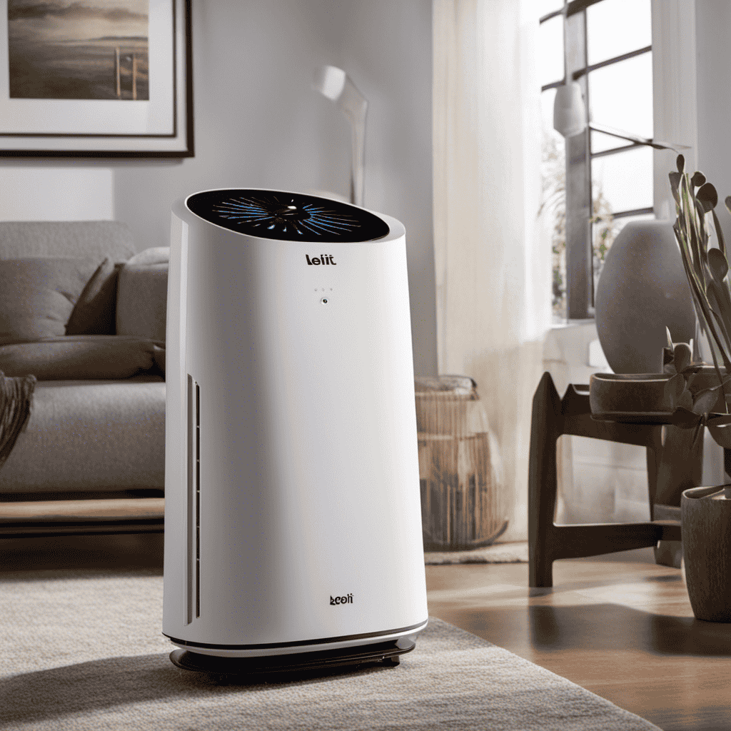 An image that depicts a frustrated person staring at a Levoit air purifier with a perplexed expression, while dust particles visibly float in the air around them, symbolizing the purifier's ineffectiveness