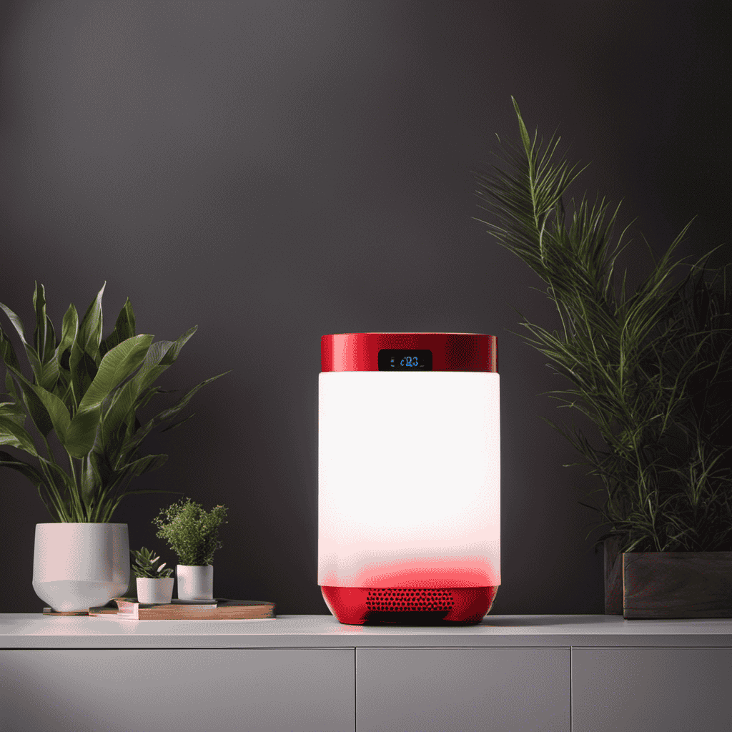 An image that showcases a Levoit air purifier emitting a vibrant red glow, contrasting against a serene, dimly lit room