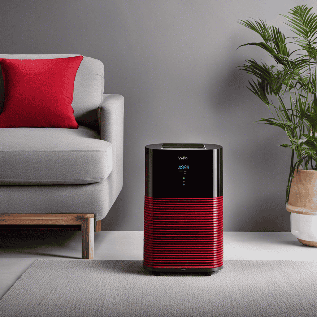 An image showcasing a Winix air purifier in vibrant shades of red, emphasizing its sleek design and modern aesthetics