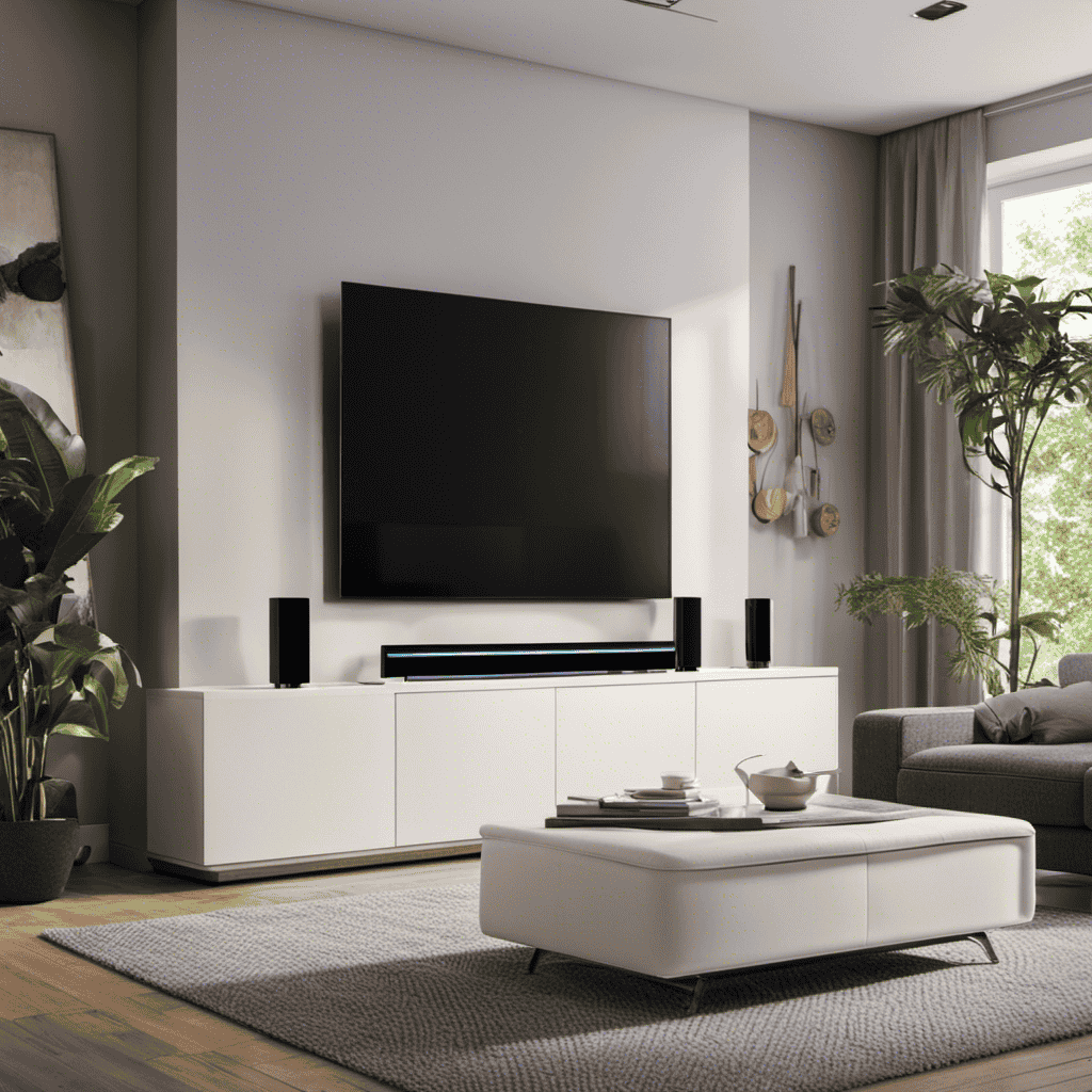 An image of a peaceful living room with a prominently placed air purifier