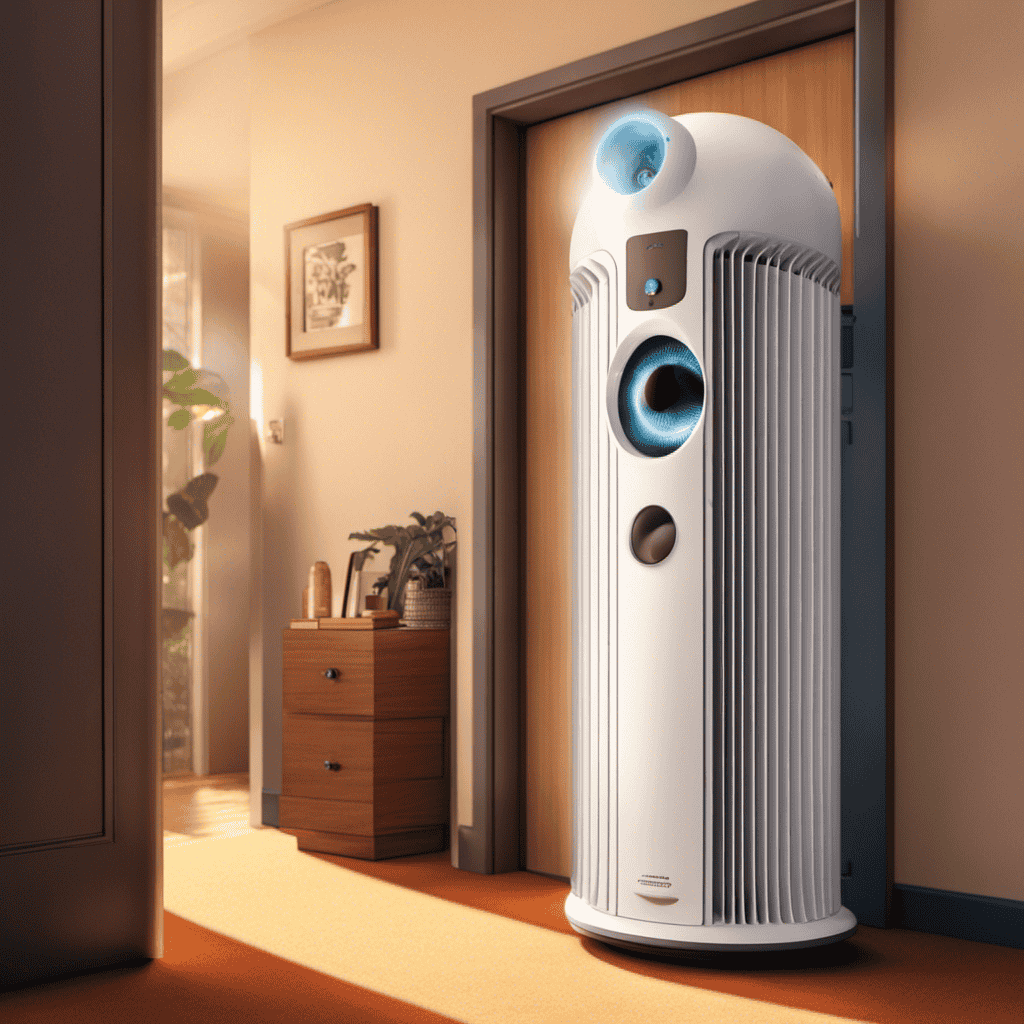 An image of an air purifier with exaggerated cartoonish eyes, curiously peeking from behind a door