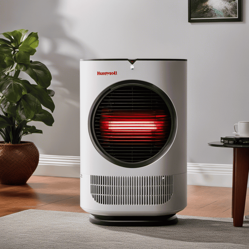 An image showcasing a close-up of a Honeywell air purifier with a vibrant red indicator light illuminated, specifically focused on the "Check Pre-Filter" light, capturing the viewer's attention and curiosity