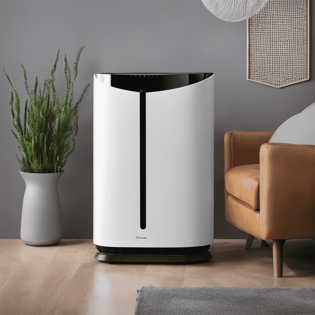 An image showcasing a clean, white air purifier coated with a fine layer of dust particles