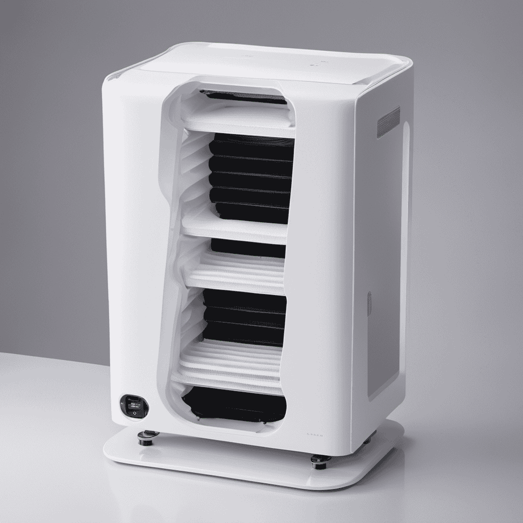 An image capturing an opened air purifier, revealing the internal components with a piece of styrofoam lodged amidst the filters