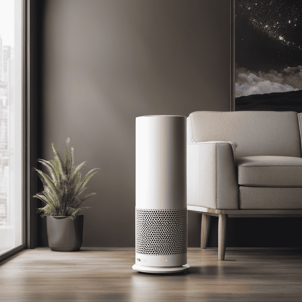 An image depicting an air purifier surrounded by white dust particles