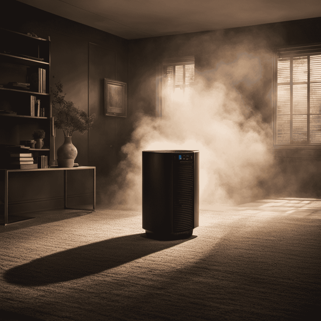 An image capturing a frustrated person surrounded by dust particles in a dimly lit room