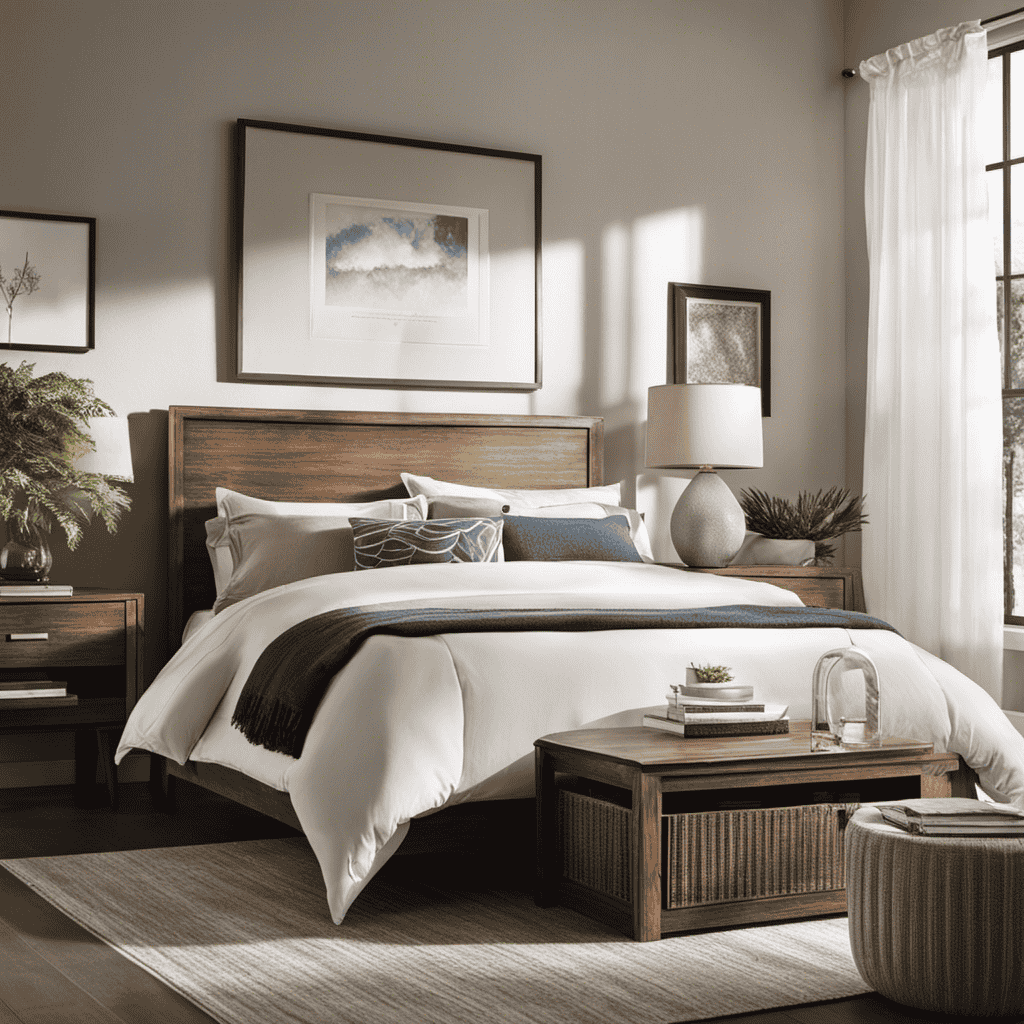 An image showcasing a serene bedroom setting with an air purifier quietly nestled on a nightstand