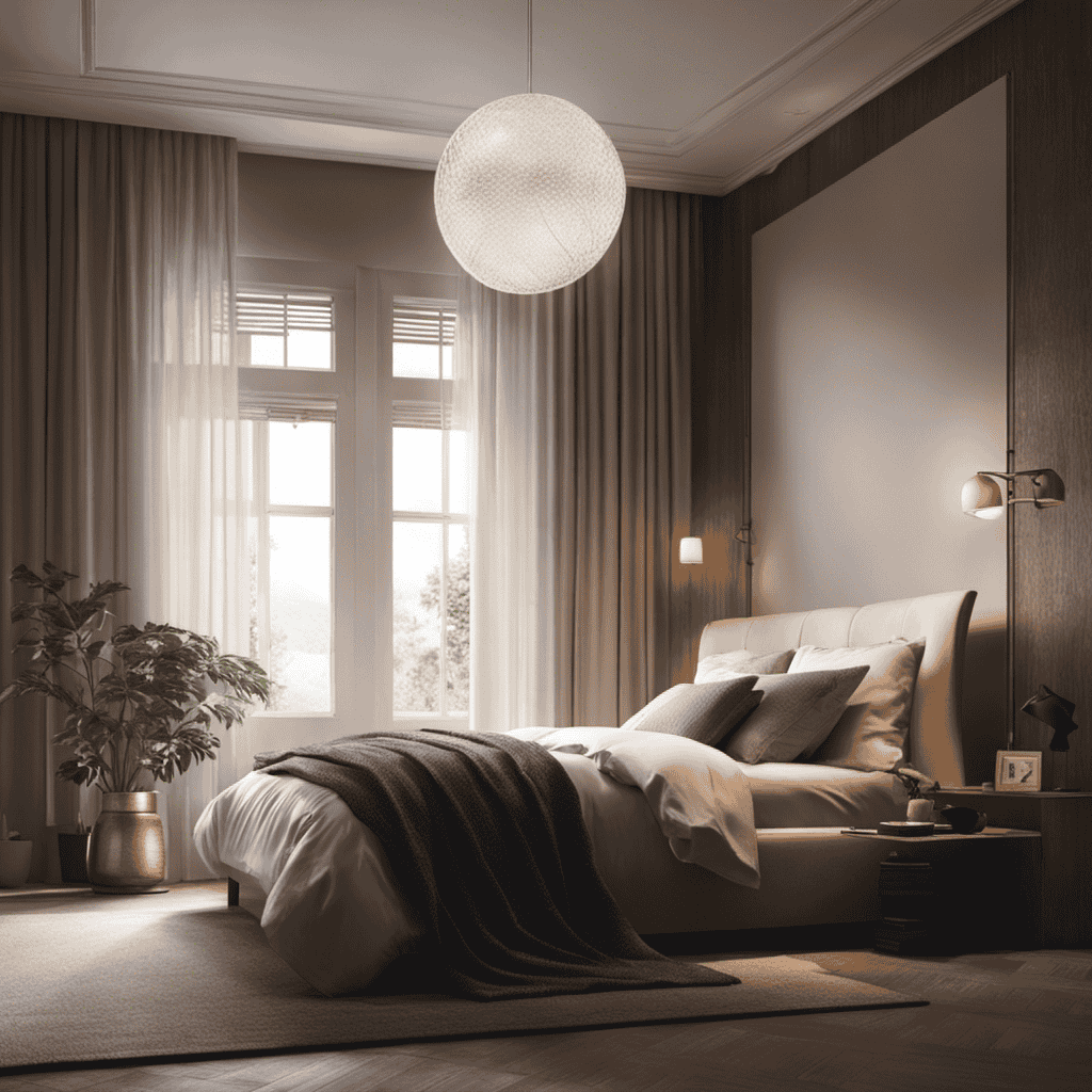 An image showcasing a peaceful bedroom scene with a person sleeping, emphasizing the dangers of placing an air purifier beside their head