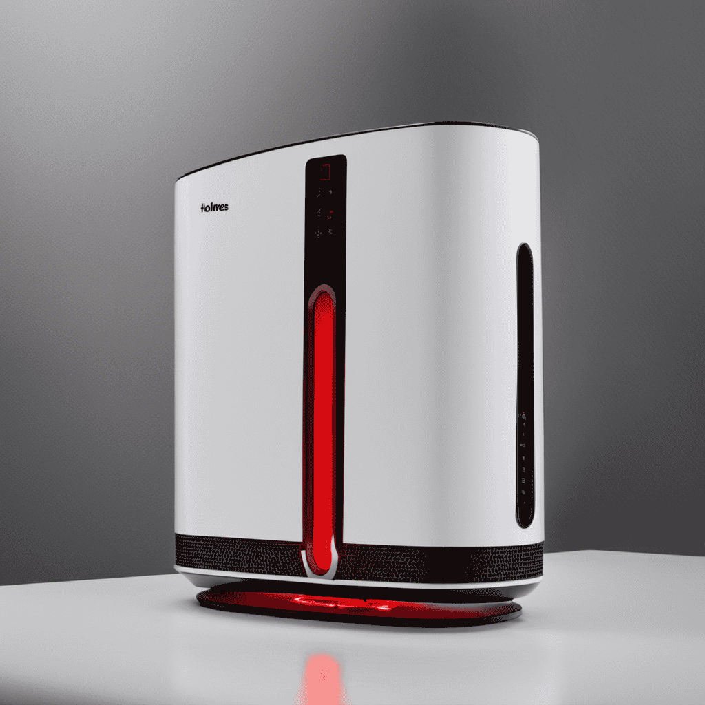 An image showcasing a Holmes Air Purifier with a red light glowing, emphasizing its significance