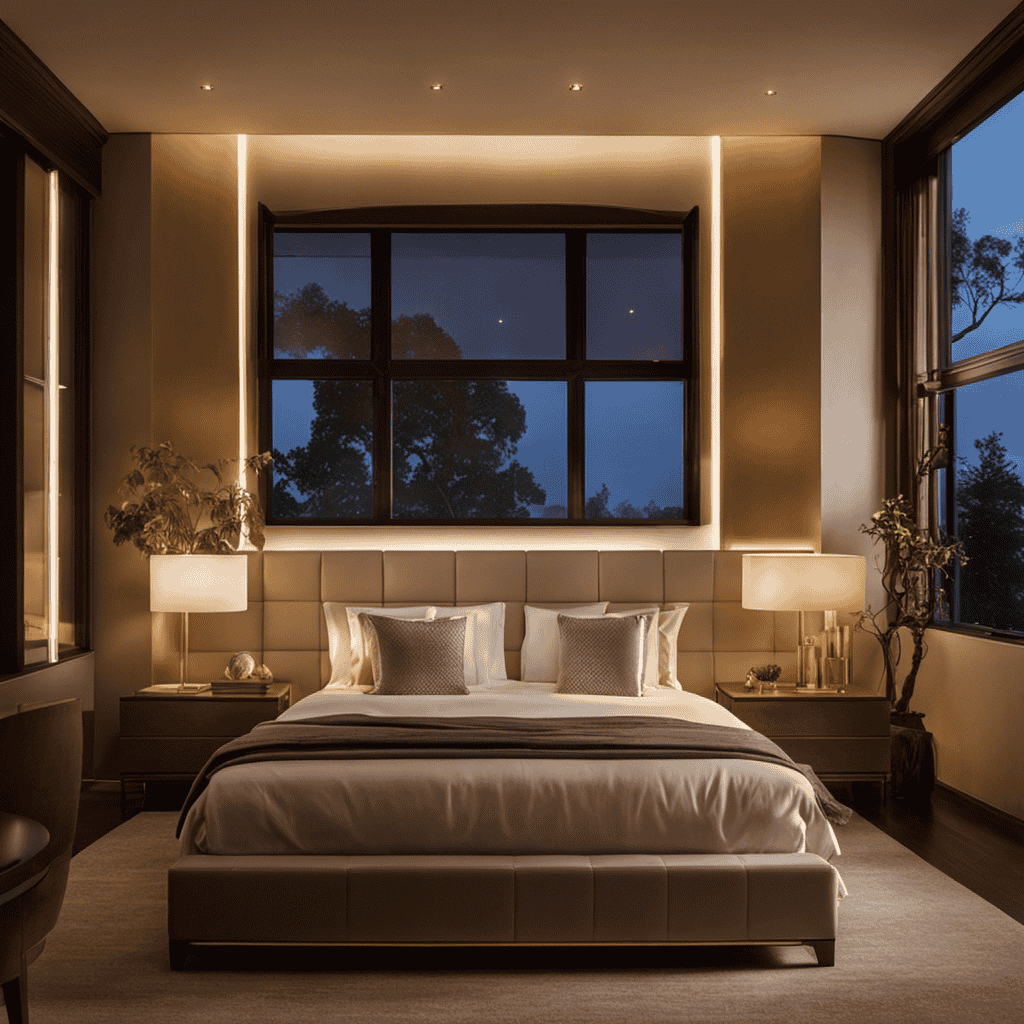 an image of a serene bedroom at dusk, illuminated by a soft, golden glow