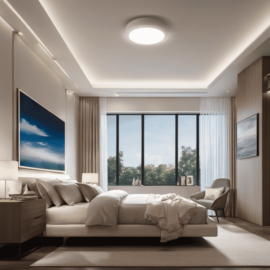 An image showcasing a serene bedroom with filtered sunlight pouring through clean windows, while a sleek air purifier silently eliminates dust particles and allergens, promoting a healthy and peaceful sleep environment