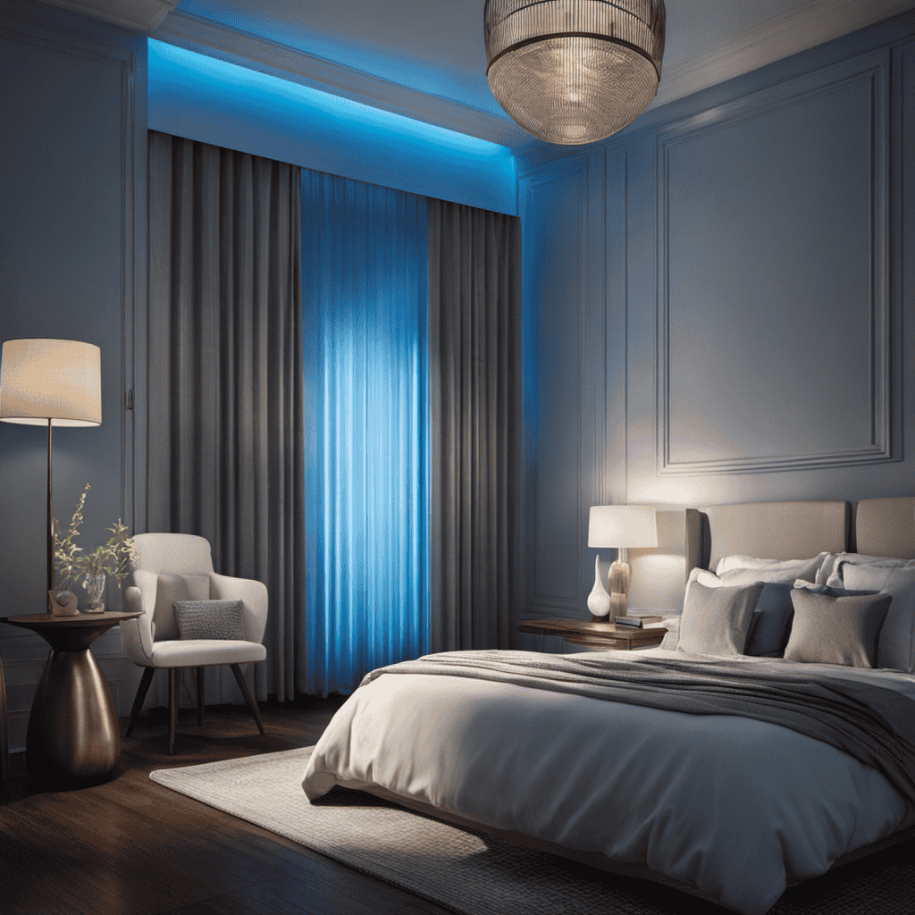 An image capturing a serene bedroom scene with an air purifier emitting a gentle blue light, while a person exits the room, symbolizing the importance of leaving the space for optimal air purification