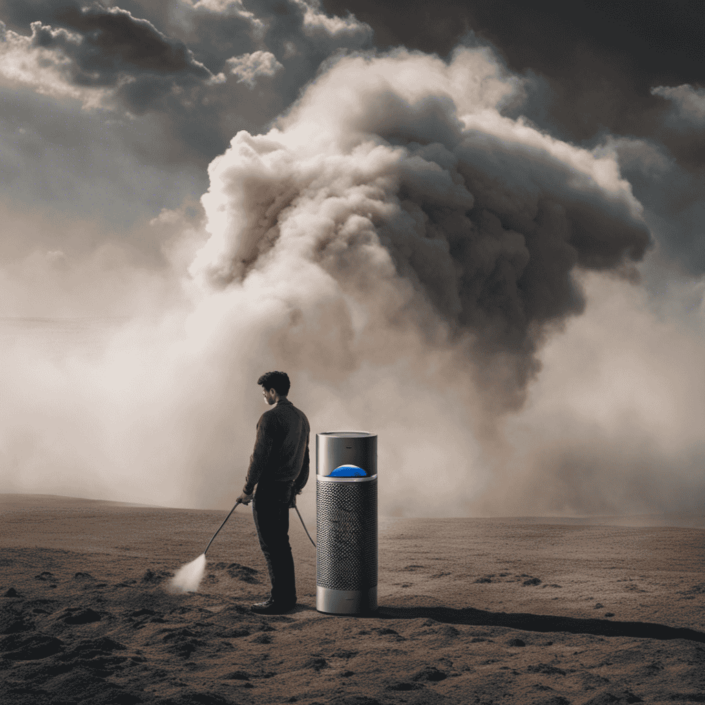 An image showcasing a frustrated individual standing next to a Dyson air purifier, surrounded by thick clouds of dust