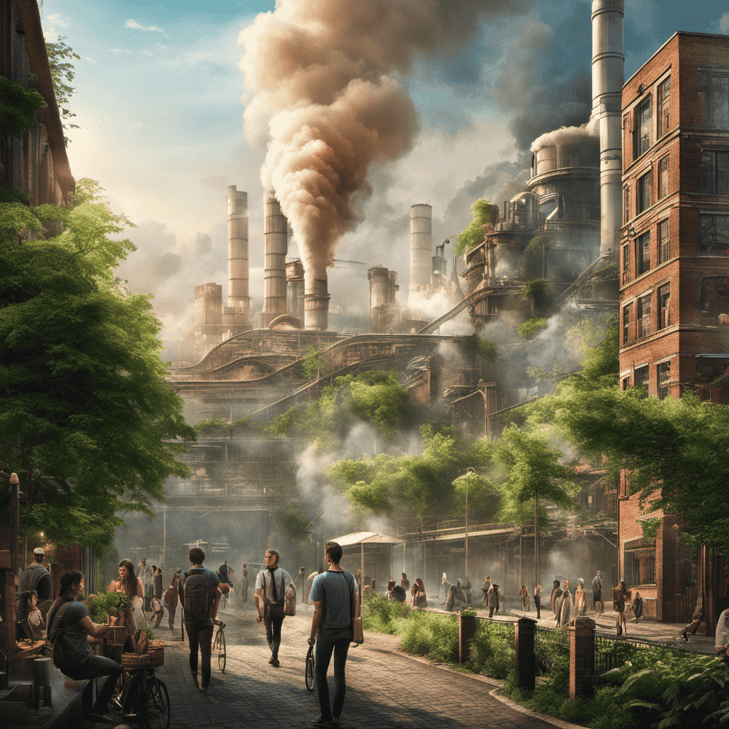 An image showing a smoky industrial cityscape with coughing people, contrasting with a serene outdoor scene full of lush greenery and healthy individuals, symbolizing the necessity of air purifiers for cleaner, healthier living environments