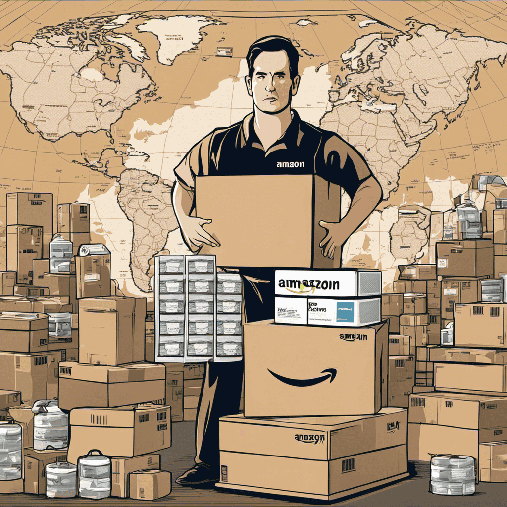 An image depicting a frustrated customer holding a package with an Amazon logo, surrounded by a stack of air purifiers