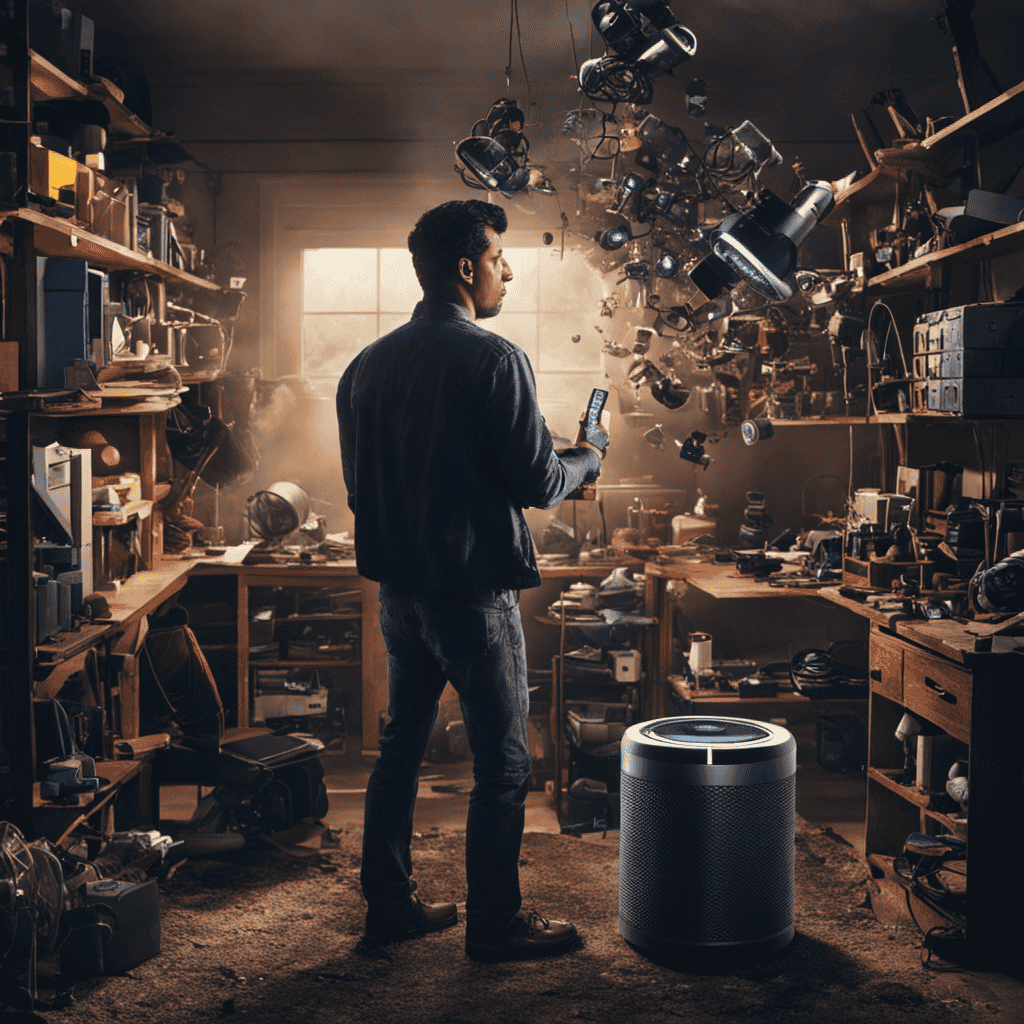 An image that shows a frustrated individual with a Dyson air purifier, standing in a dimly lit room, surrounded by scattered tools and a puzzled expression on their face, trying to locate the reason behind the device's failure to turn on