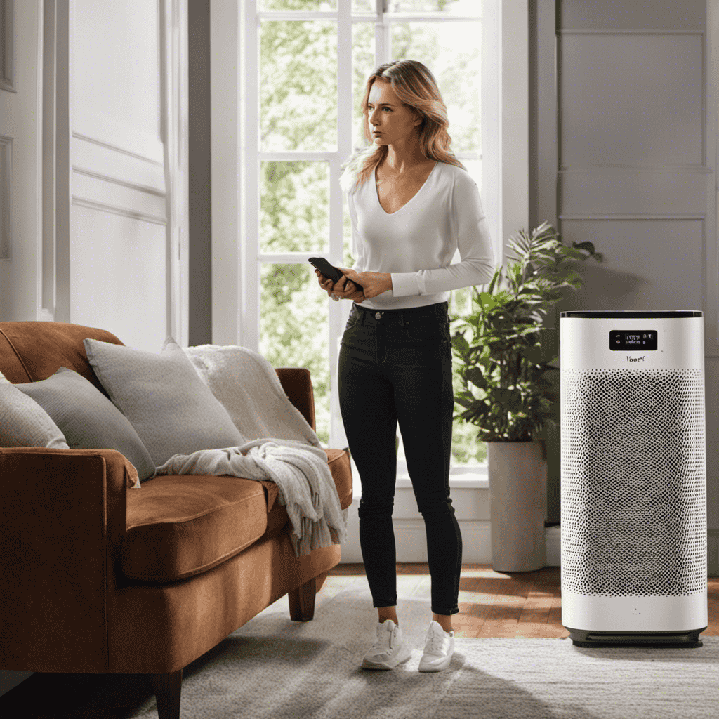 An image depicting a frustrated individual standing next to a Levoit air purifier with a puzzled expression, holding a power cord that doesn't fit the device