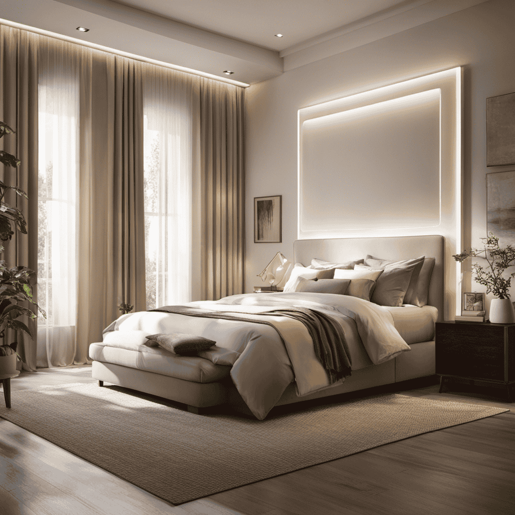 An image showcasing a serene bedroom with rays of sunlight streaming through a window, while an air purifier silently removes invisible pollutants, providing a clean and refreshing atmosphere