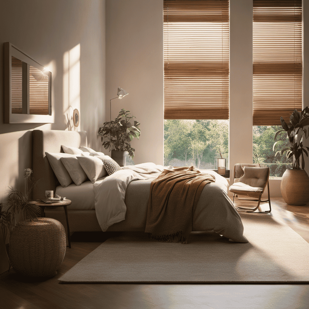 An image capturing a serene bedroom scene with an air purifier in the corner