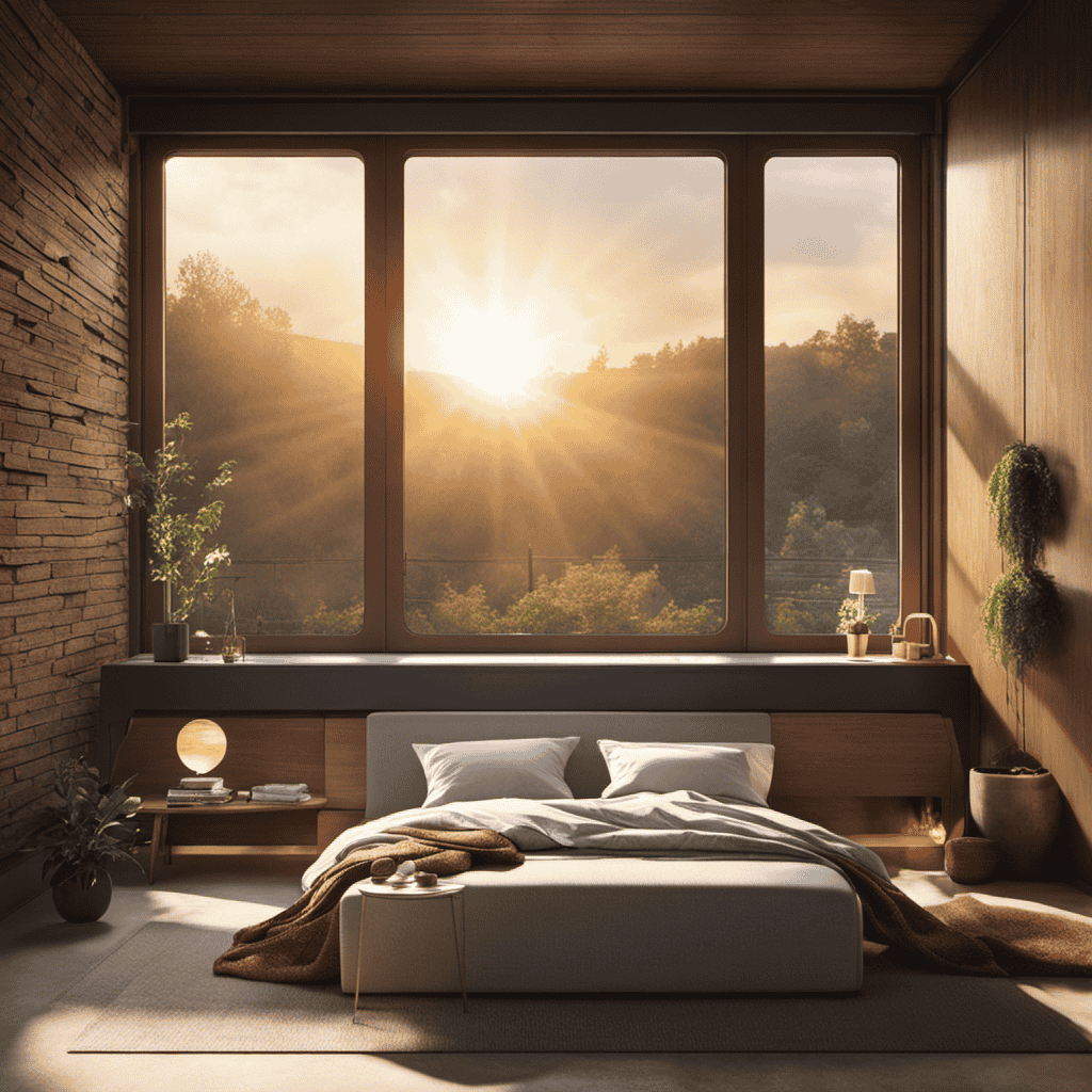 An image showcasing a serene bedroom scene with sunlight streaming through a window, highlighting particles of dust, allergens, and pollutants suspended in the air