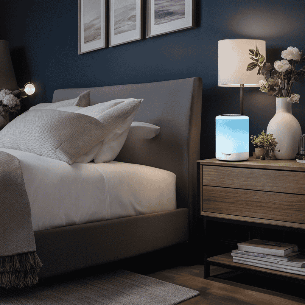 An image showcasing a serene bedroom with a Natasymo 1130 Silver Edition Personal Air Purifier placed on a nightstand, softly emitting a gentle blue light, purifying the air and creating a calm atmosphere