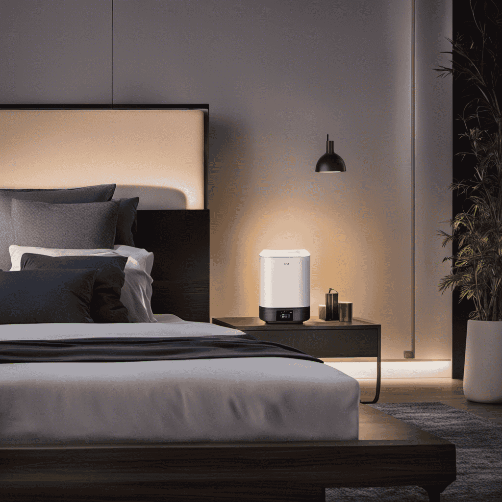 An image showcasing a dimly lit bedroom at night, with a Winix Air Purifier placed on a bedside table