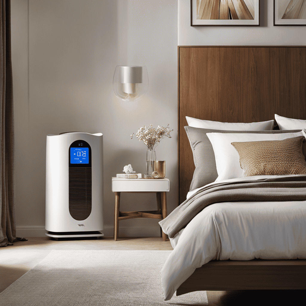 An image showcasing a serene bedroom scene with a Winix Air Purifier quietly operating on a bedside table