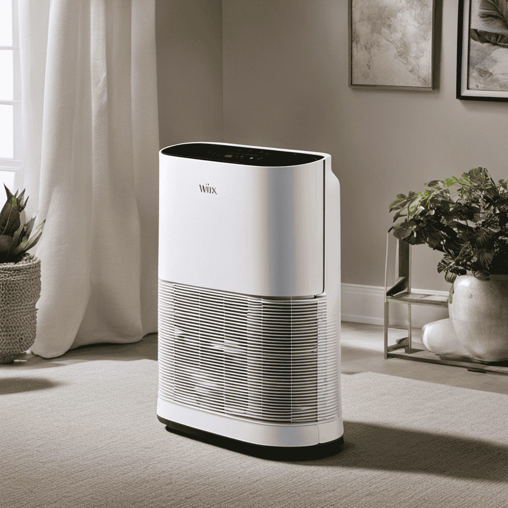 An image showcasing a clean, white Winix air purifier with a removable filter