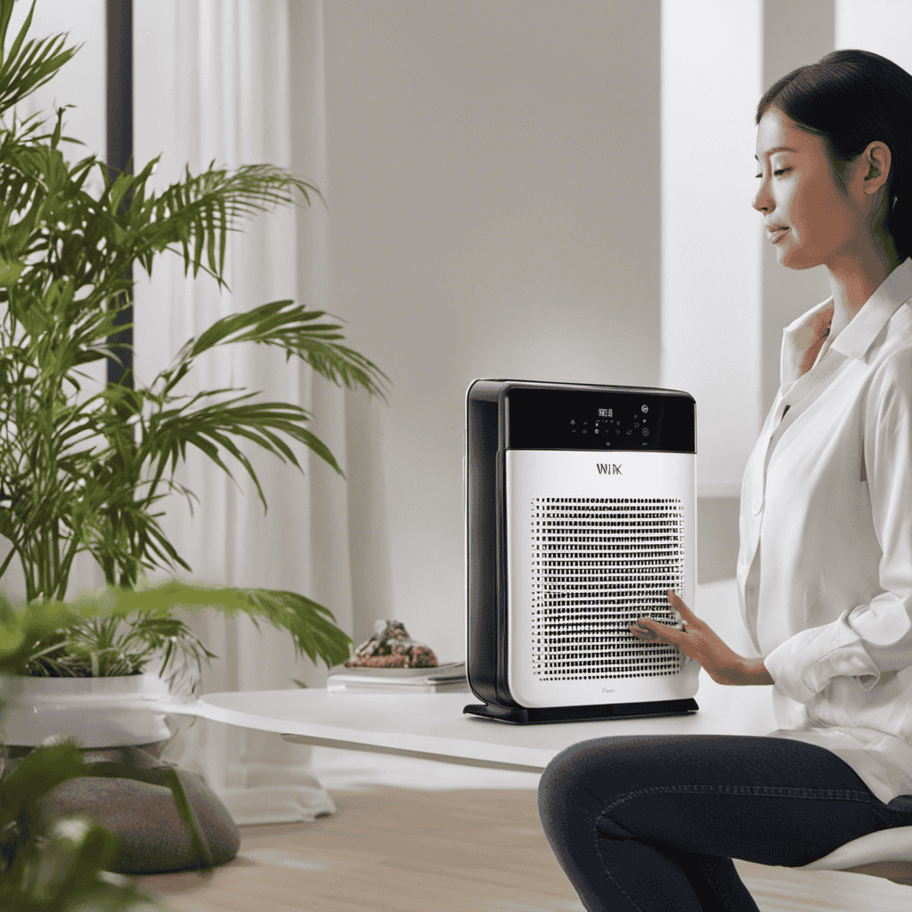 An image showing a person holding a Winix Air Purifier in one hand while pressing and holding the reset button with the other hand