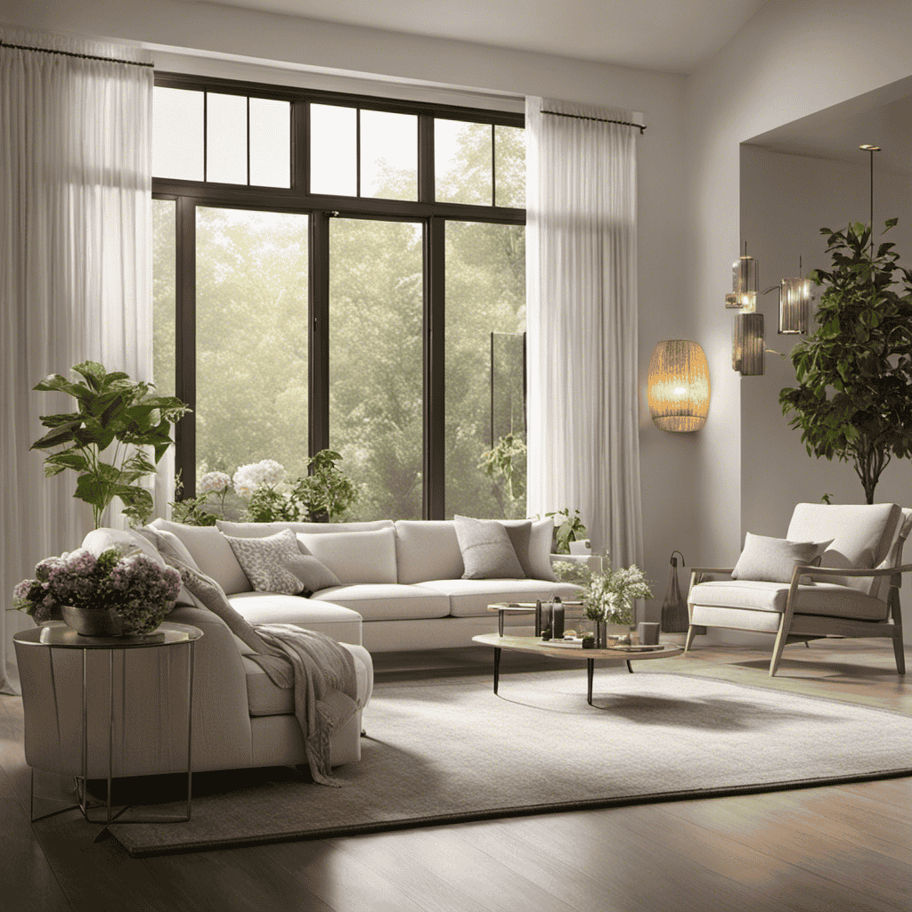 An image: A serene living room with sunrays peering through spotless windows, casting a warm glow onto a Winix Air Purifier