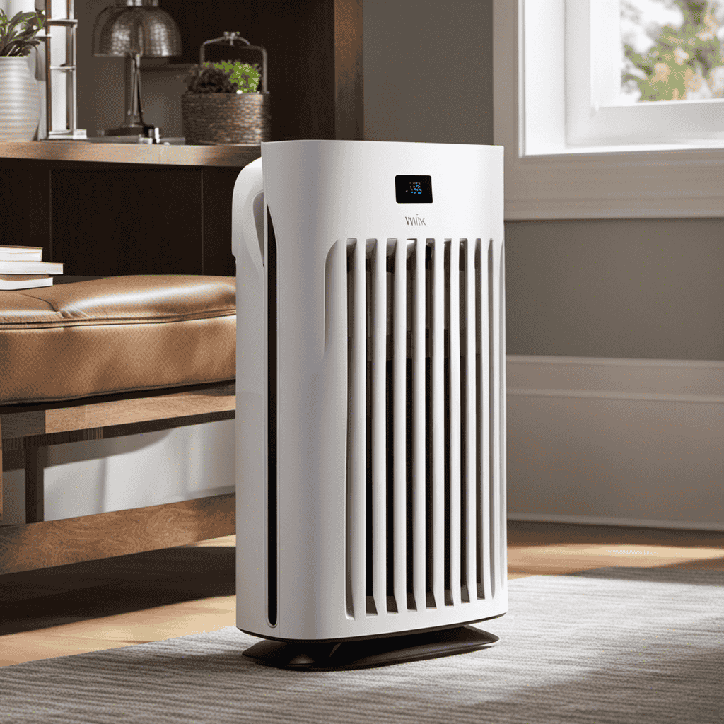 An image showcasing the Winix Air Purifier's Plasmawave technology: a sleek, modern living room with sun rays streaming through clean windows, as the purifier silently releases revitalizing ions into the air