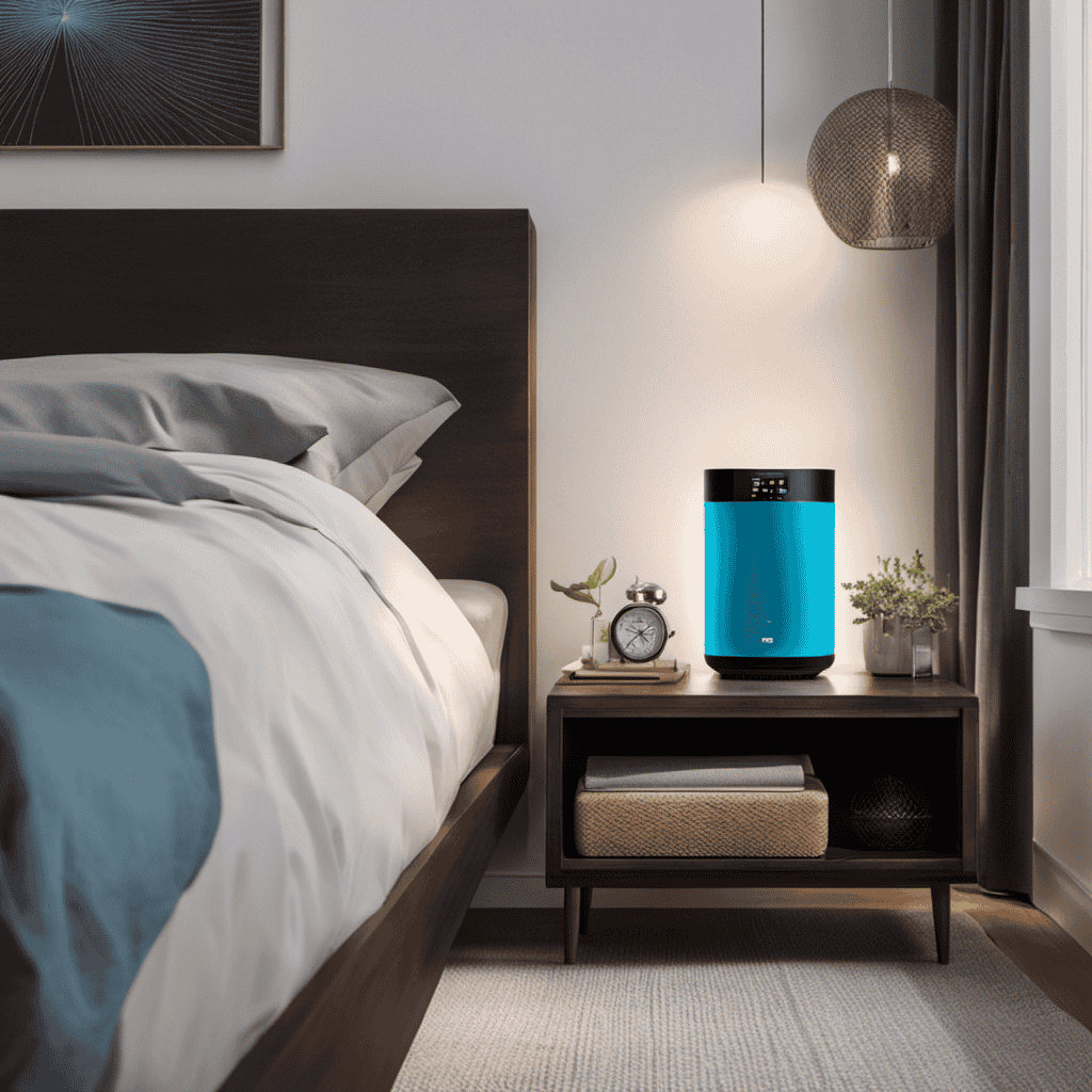 An image of a serene bedroom with a modern, sleek air purifier placed on a bedside table